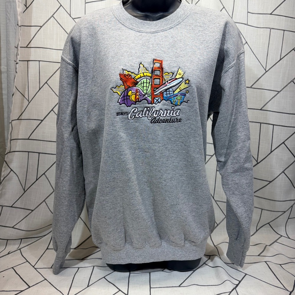 Disney California Adventure Sweatshirt Medium Gray Embroidered Crewneck Fleece